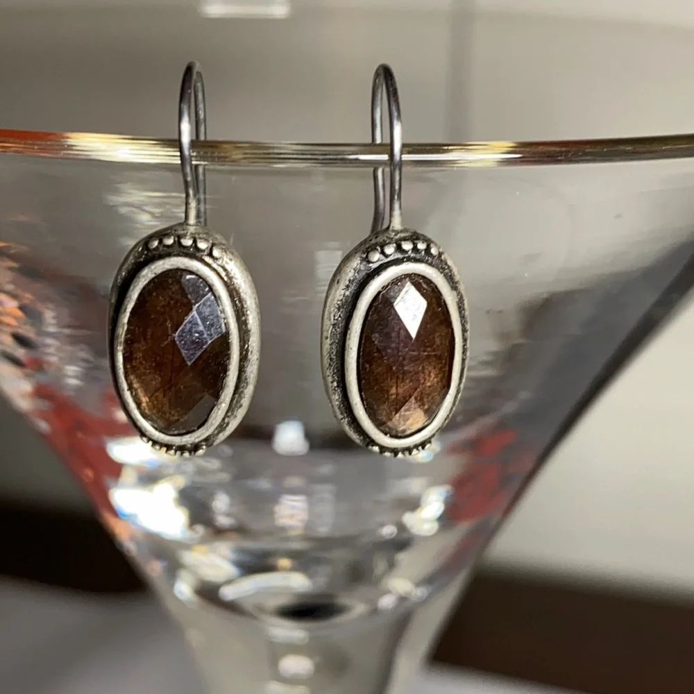 Dainty unusual faceted stone earrings antiqued silvertone